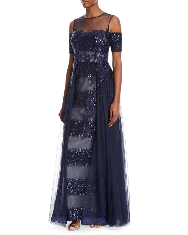 Embellished Sequin Tulle Illusion Gown