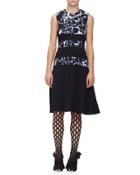 Sleeveless Scribble-print Dress, Black/indigo