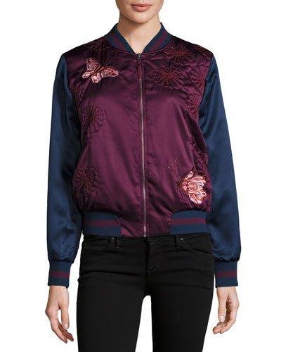 Embroidered Satin Butterfly Bomber Jacket, Red/blue