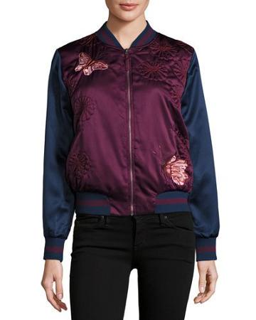Embroidered Satin Butterfly Bomber Jacket, Red/blue