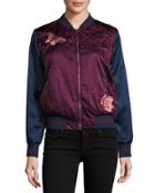 Embroidered Satin Butterfly Bomber Jacket, Red/blue