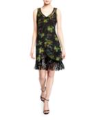 Frolic Room Palm Trim Printed Sequin Fringe Dress