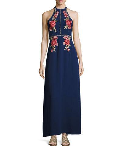 Floral-embroidered Open-back Maxi Dress, Blue