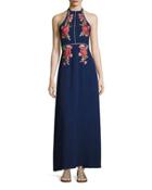 Floral-embroidered Open-back Maxi Dress, Blue