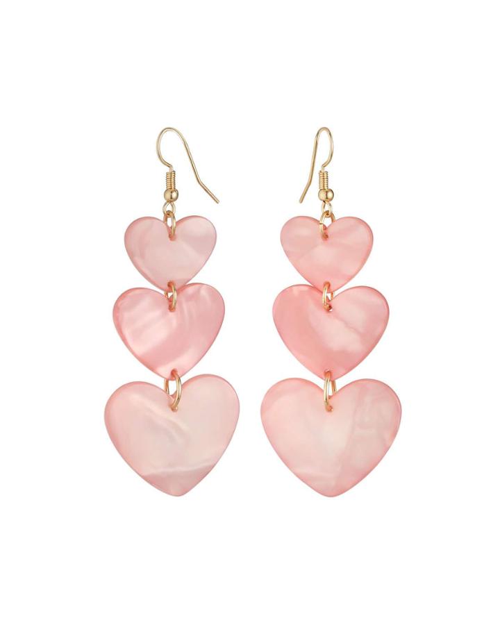 Triple Heart-drop Earrings, Pink
