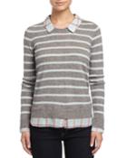 Joie Cashmere Rika Striped Sweater W/plaid Trim, Heather Gray/heather Mineral, Women's, Size: Large, Htr Grey-h