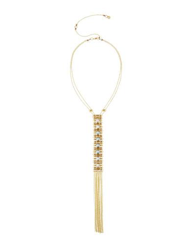 Long Beaded Ladder Y-drop Necklace W/ Pearl Fringe