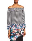 Striped Floral Trim Off-the-shoulder Top