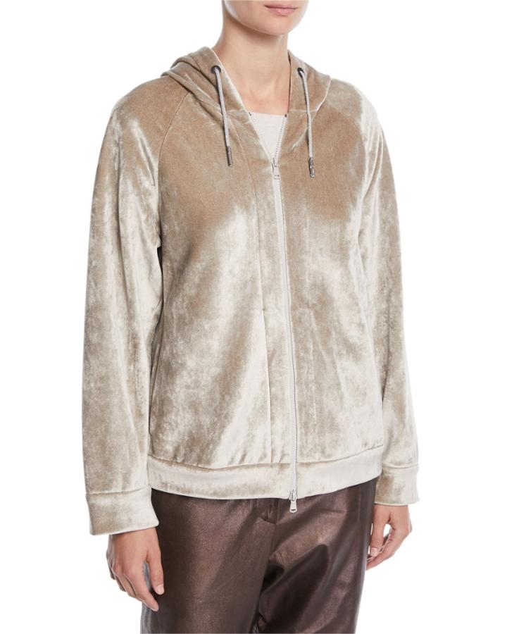 Zip-front Velvet Hooded Jacket