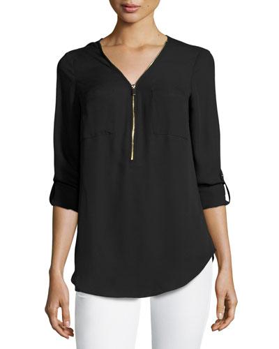 Zip-front V-neck Tunic, Black
