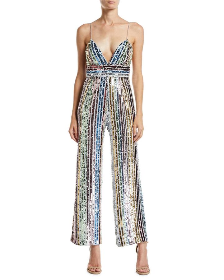 Sequin Multicolor Striped V-neck Sleeveless Jumpsuit
