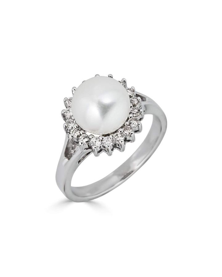 14k White Gold 8.5mm White Pearl & Diamond Sun Ring,