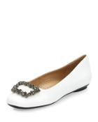 Shannon Crystal-buckle Leather Flat, White/fume