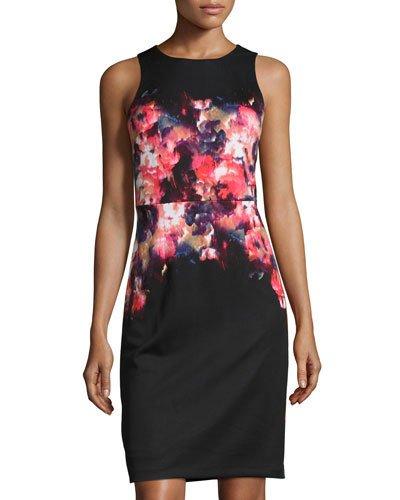 Floral-print Scuba Sheath Dress, Black/red