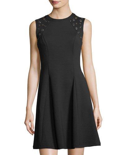 Fit-and-flare Sleeveless Grommet-shoulder Dress