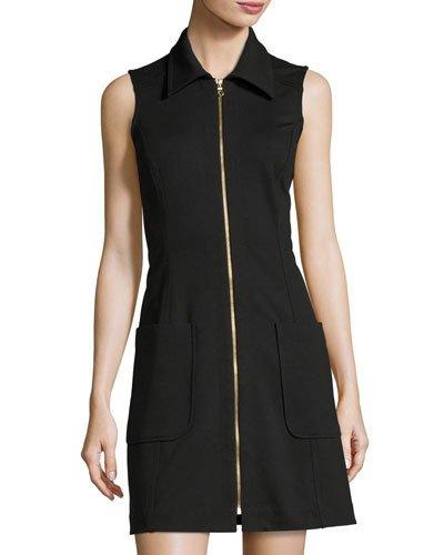 Zip-front Sleeveless Shirtdress, Black