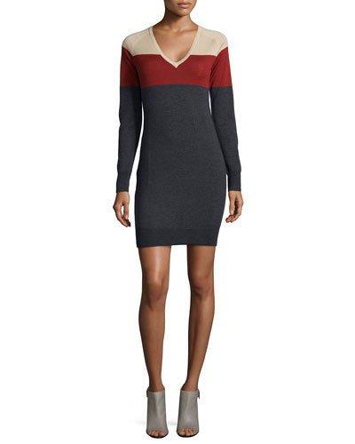 Long-sleeve Colorblock Sweaterdress, Camel/rust Nail