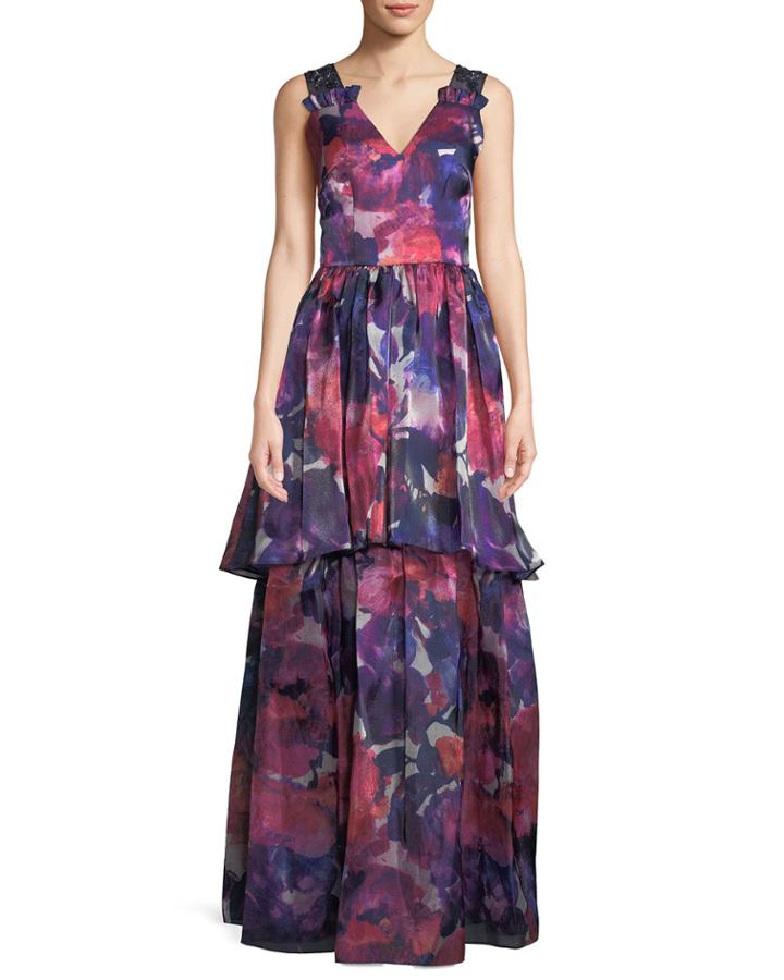 V-neck Sleeveless Floral-print Tiered Evening Gown W/ Beaded