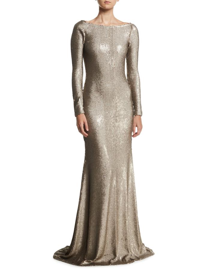 Cowl-back Boat-neck Long-sleeve Fitted Sequin Evening Gown