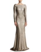 Cowl-back Boat-neck Long-sleeve Fitted Sequin Evening Gown