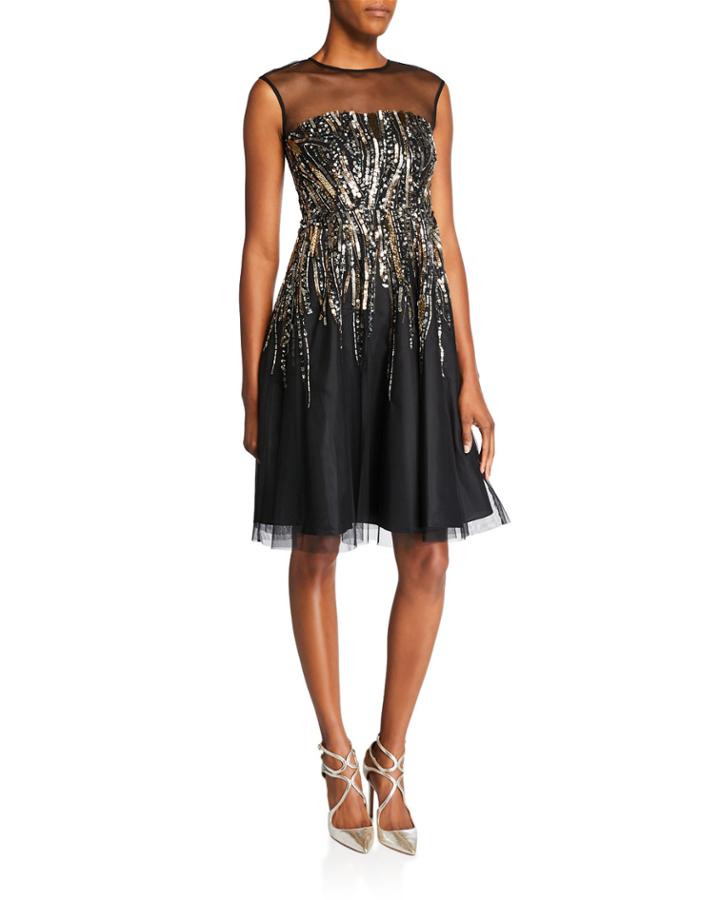 Beaded Cap-sleeve Illusion Yoke Cocktail Dress