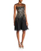 Beaded Cap-sleeve Illusion Yoke Cocktail Dress