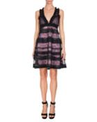 Sleeveless V-neck Tiered Lace Dress, Black/pink