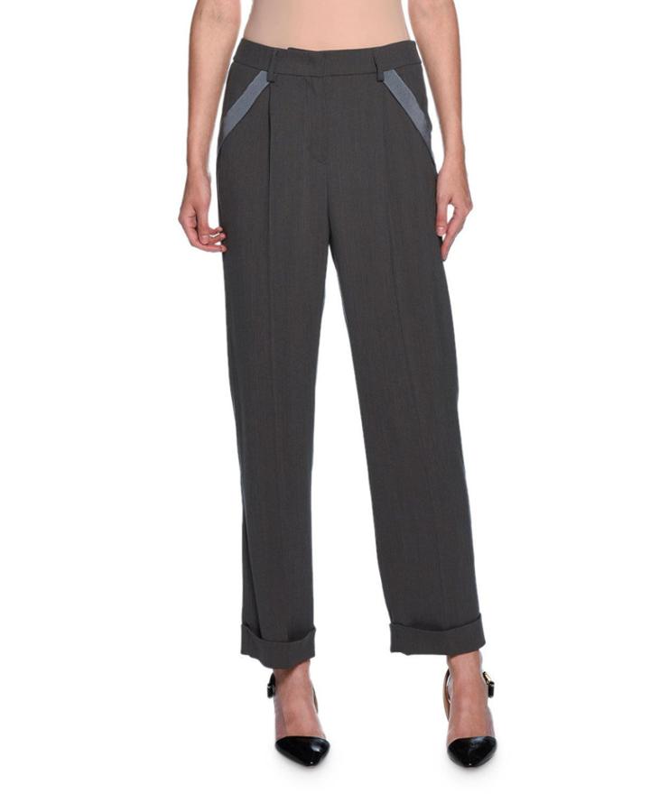 Ribbon-trim Wide-leg Pants, Gray
