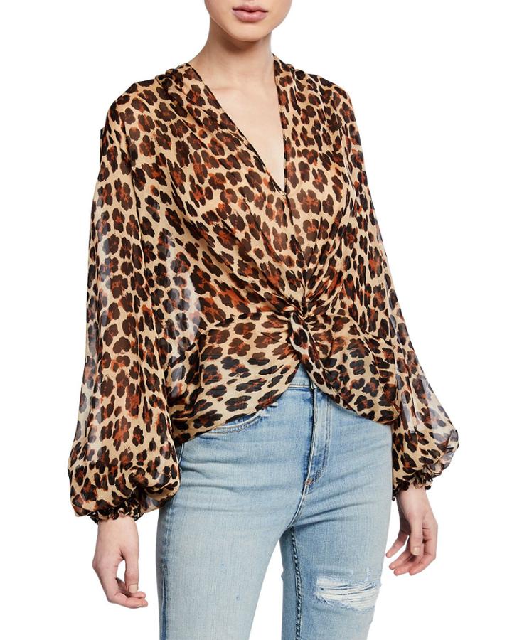 Bette Leopard-print Twist-front Blouson-sleeve Top