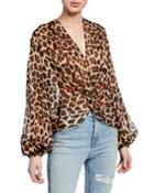 Bette Leopard-print Twist-front Blouson-sleeve Top