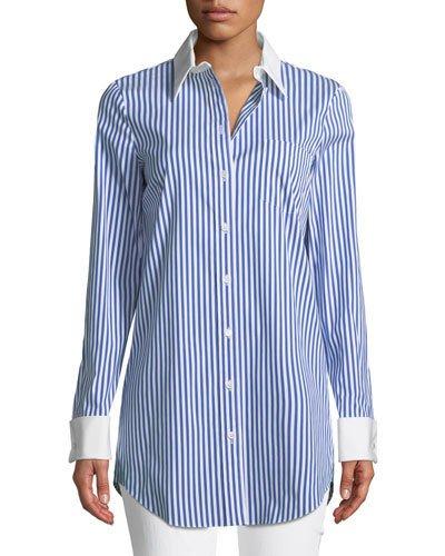 Contrast-collar Button-front Striped