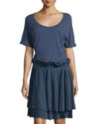 Pleated-skirt Short-sleeve Dress, Navy