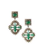 Silver Quatrefoil Drop Earrings With Green Emerald & Diamonds