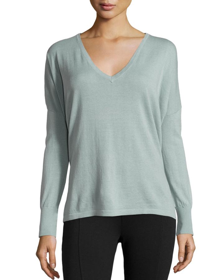Minnie Rose Long-sleeve V-neck Cotton Sweater, Blue Dawn, Women's,