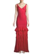 V-neck Sleeveless Bandage Evening Gown W/ Ruffled Chiffon