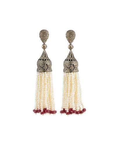 Champagne Diamond & Freshwater Pearl Tassel Earrings
