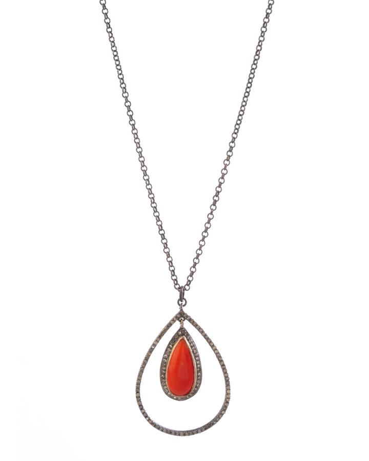 Silver Pendant Necklace With Coral & Diamonds,