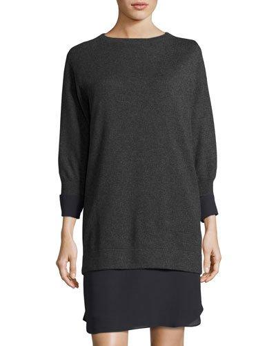 Cashmere Chiffon-trim Sweaterdress, Dark Gray