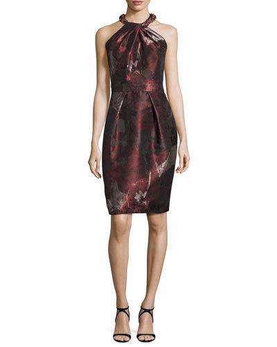 Sleeveless Floral Sheath Dress, Cinnamon