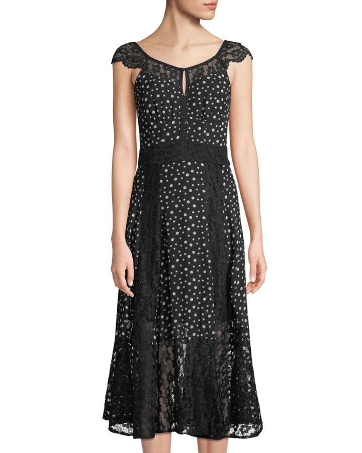 Cap-sleeve Dotted Chiffon Midi Dress W/