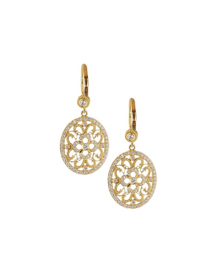 Small 18k Gold Oval Lace Diamond Earrings