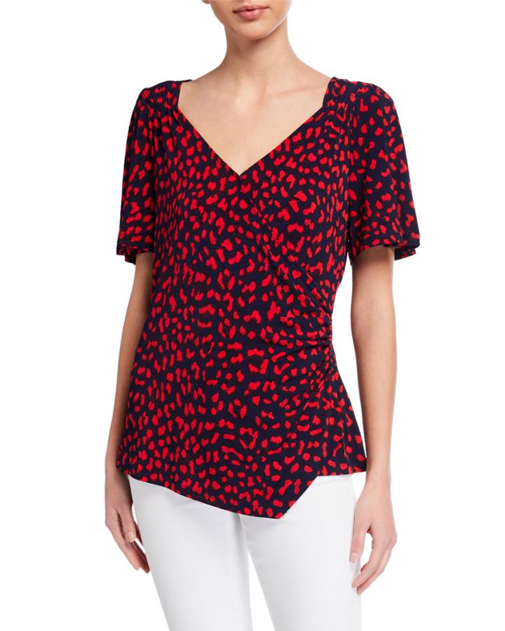 Printed Faux-wrap Shirred Asymmetric Top