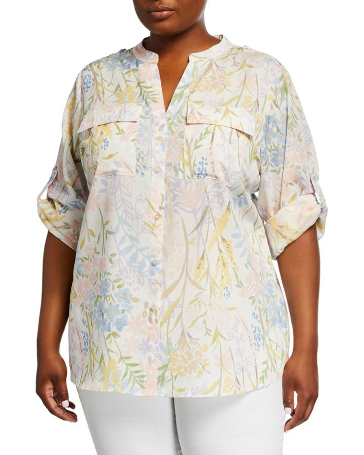 Plus Size Floral-print Roll-sleeve Blouse