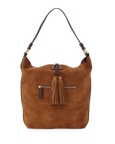 Clara Suede Tassel Hobo Bag, Brown