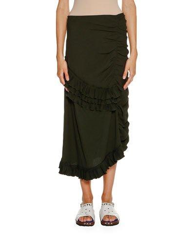 Ruched Ruffled Maxi Skirt, Glass Green