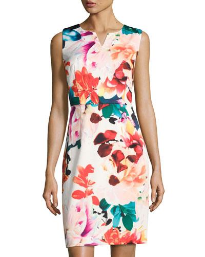 Split-neck Floral-print Sheath Dress,