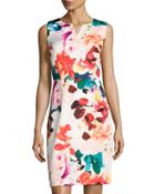 Split-neck Floral-print Sheath Dress,