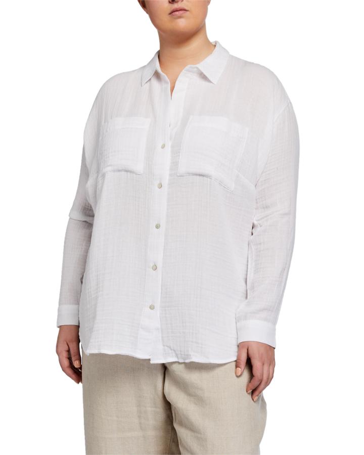 Plus Size Button-down Long-sleeve Organic Cotton Gauze
