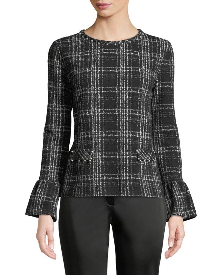 Plaid Bell-cuff Pearly-neck Tee