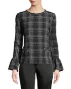 Plaid Bell-cuff Pearly-neck Tee